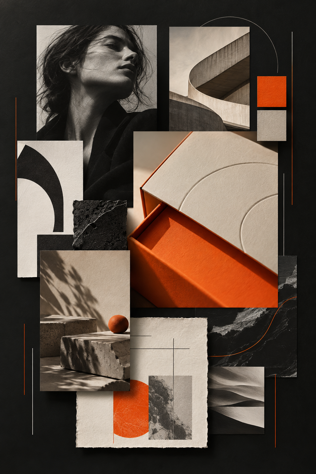 Moodboard editorial de Growy con fotografía, materiales de marca y acentos naranja